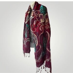 Vtg. Textile Art Cotton Wool Blend Scarf Boho Paisley Hand Embroidered Shawl